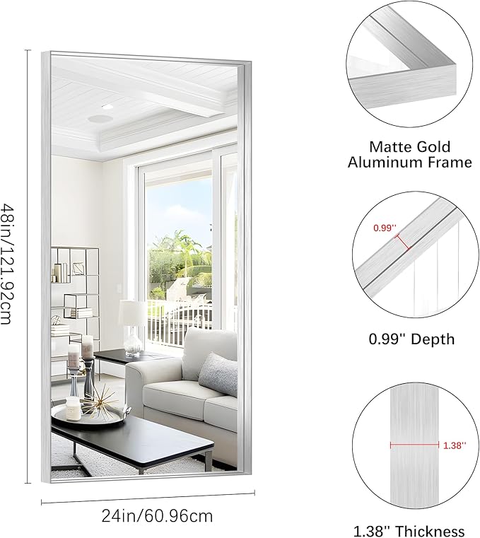 Silver Bathroom Mirror, 24x48 Inch Rectangular Framed Mirror, Large Wall