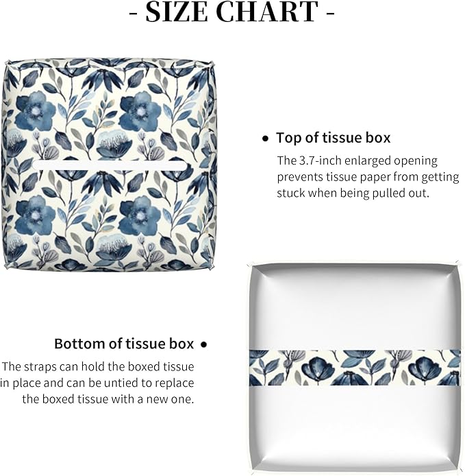 Watercolor Blue Floral Tissue Box Cover Square,Blue Flowers and Leaves Tissue Box Holder Waterproof Leather Facial Paper Organizer Dispenser for Bathroom Home Car Nightstand Vanity Desk
