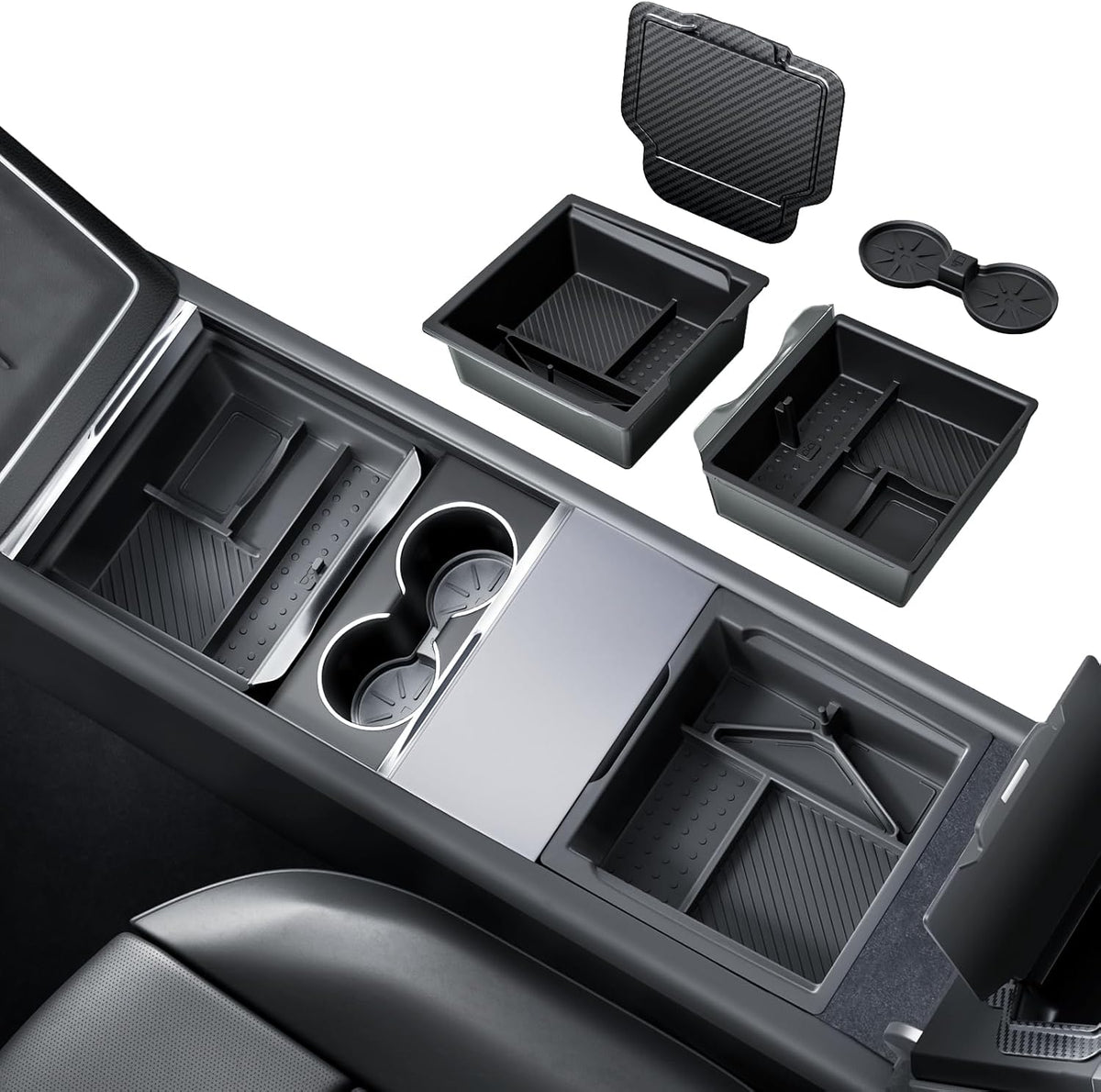 REEVAA 2026 Tesla New Model Y Juniper Accessories - Center Console Organizer [Maximized Space | OEM Fit & Noise-Free] 2-Layer Material, Fit for Model Y 2025-2026, 4PCS, Black