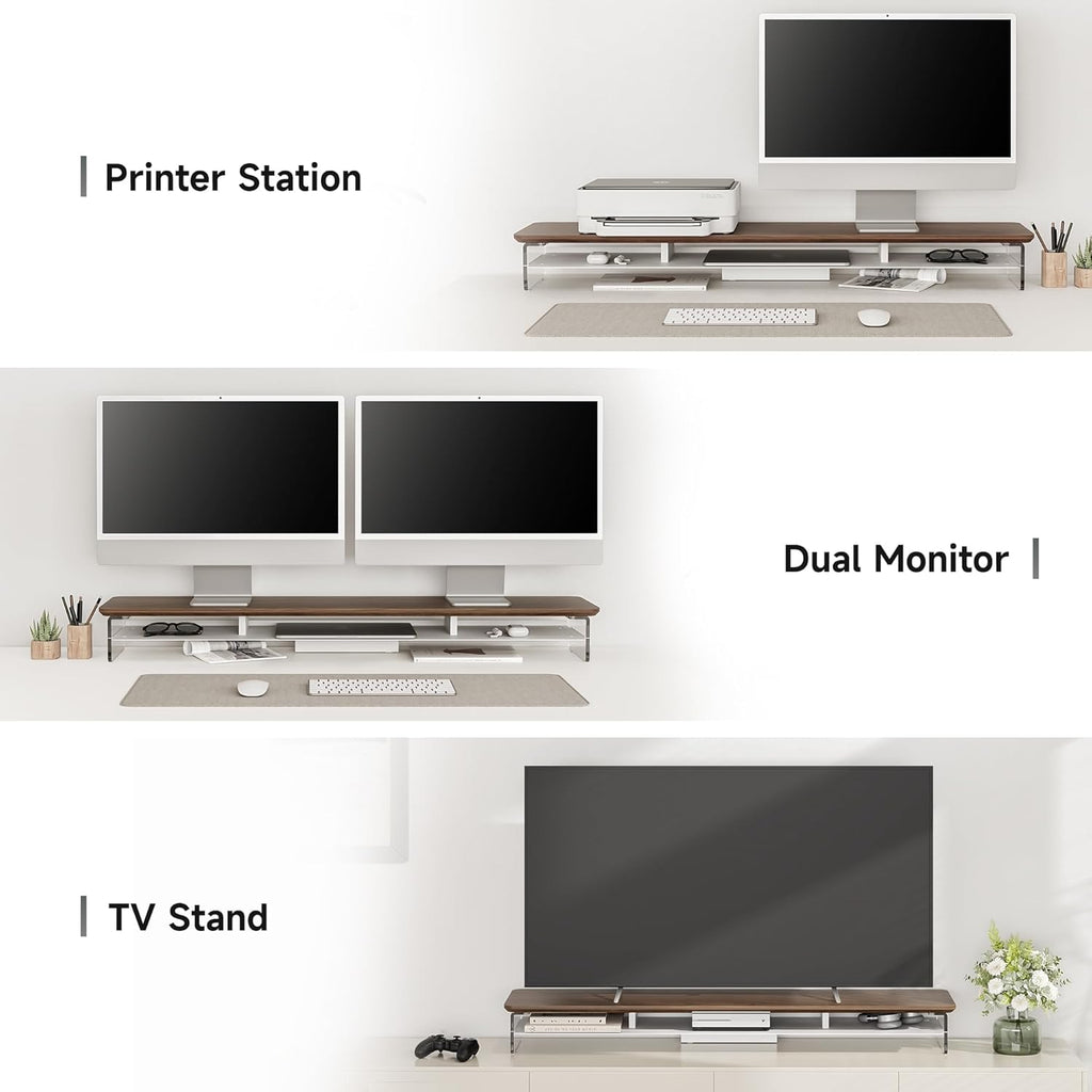 Fenge Acrylic Monitor Stand Riser, 42.5 Inches Dual Monitor Stand with Metal Storage, 2 Tier Acrylic Computer Riser for Desk, Clear Laptop Stand for PC, Laptop, Printer, TV, Brown