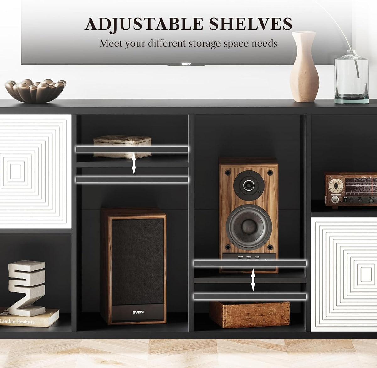 Wooden 8 Cube Storage Organizer, Cubby Storage Organizer with Doors, Multipurpose Cubbies Organizer with Adjustable Shelves, Display Storage Cabinet with Closed Back for Living & Office, Black