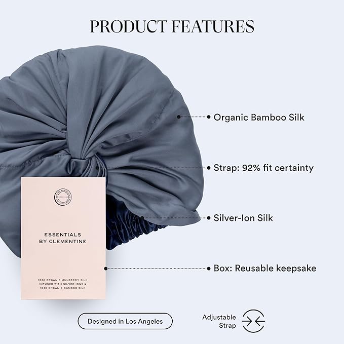 Essentials by Clementine Organic Hair Bonnet in Blue Lagoon | Silver Ion Silk Lined Bamboo Sleep Cap for Frizz-Free, Curly Hair, and Scalp Health