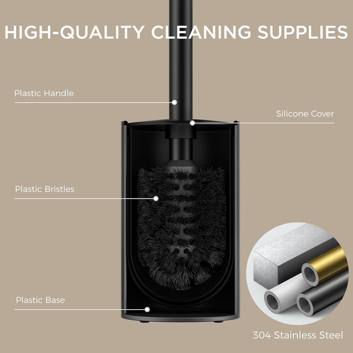 FORIOUS Toilet Brush and Holder Set, 304 Stainless Steel Heavy Duty Base and Handle for Bathroom Deep Cleaning, Toilet Bowl Cleaners Brush with Holder, Space Saving for Storage (2, Matte Black)
