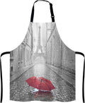 Paris France Apron, Red Umbrella in Rain Eiffel Tower Unisex Kitchen Bib with Adjustable Neck for Cooking Gardening,Adult Size