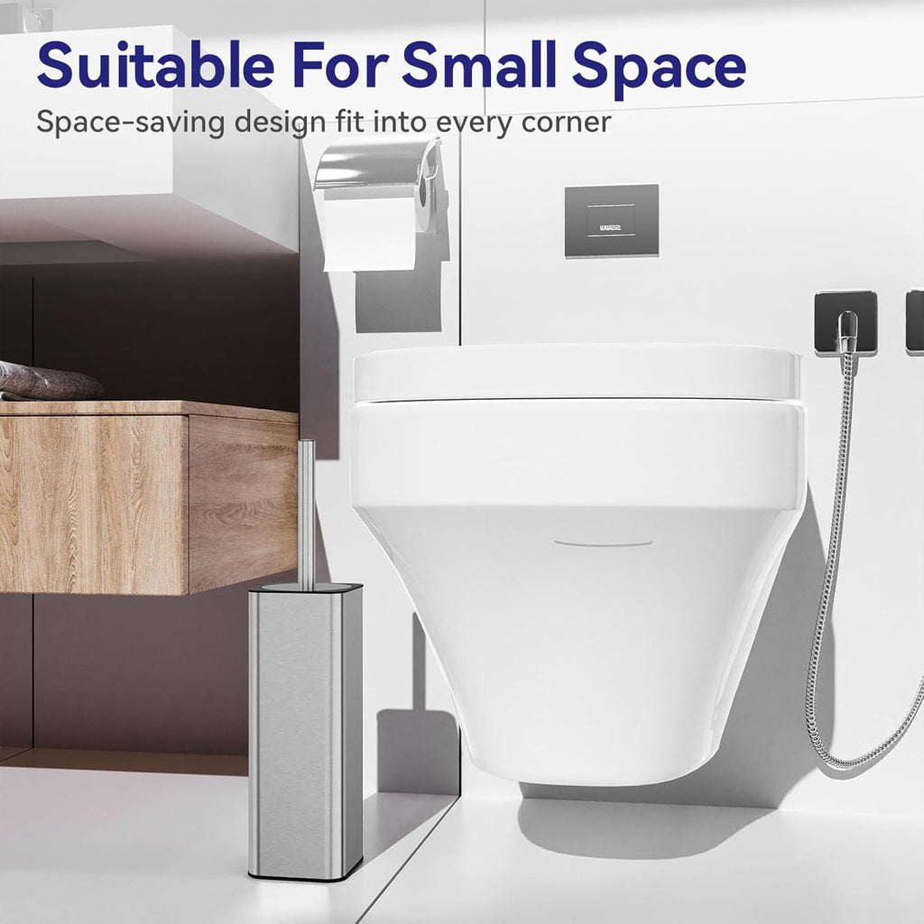 DOWRY Stainless Steel Toilet Bowl Brush and Holder for Bathroom Storage Organization Deep Cleaning Covered Brush Cleaner,Nickel Square