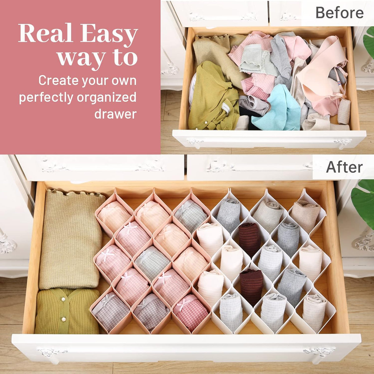 ROUFA Sock Drawer Organizer for Dresser, Honeycomb Underwear Dividers for Women, Panty Separator for Bras, Socks, Belt and Leggings (24pcs.Pink)