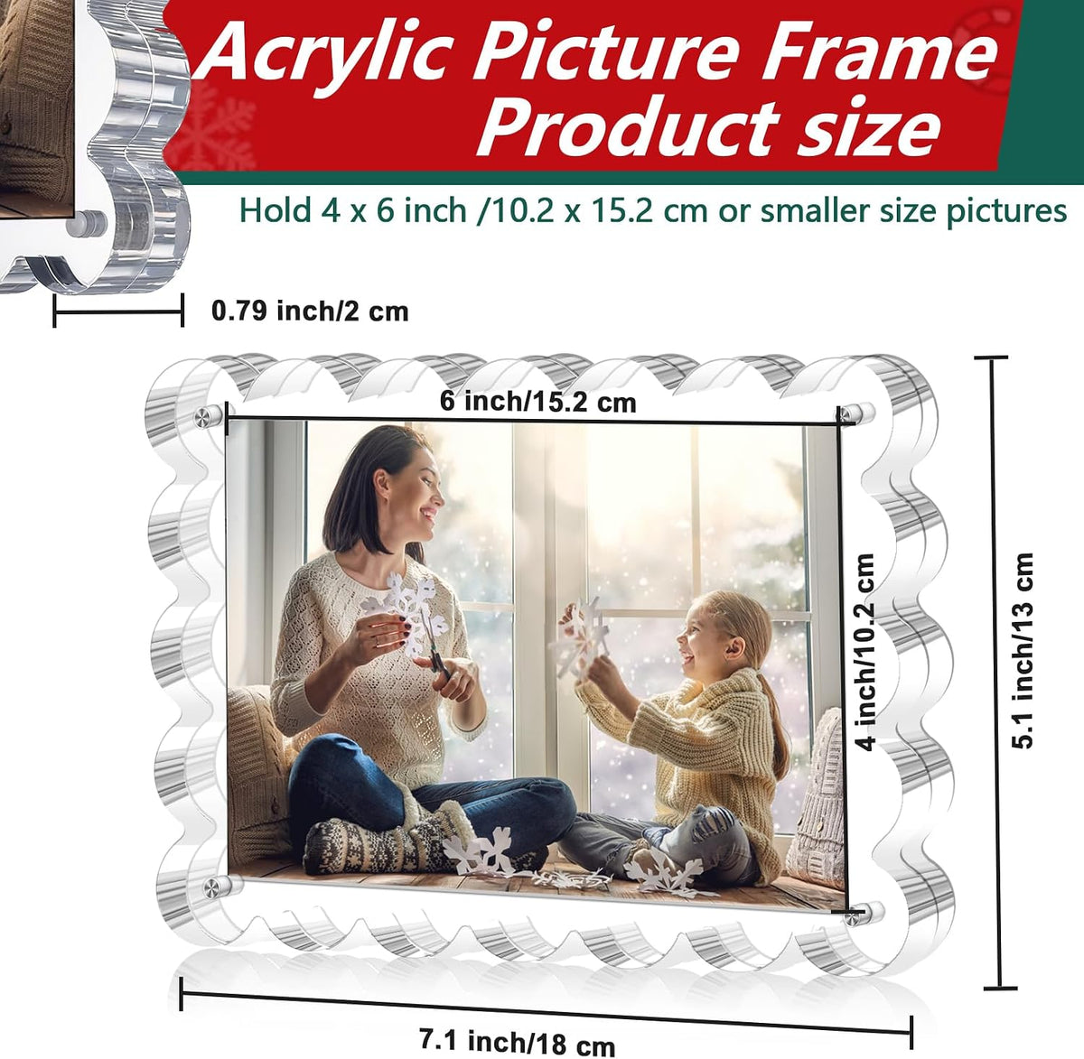 3 Pack Acrylic Picture Frame - 4x6 Magnetic Picture Frames | Double Sided Magnet Frames,10+10mm Thick Block, Clear Frameless Photo Scalloped Freestanding for Desktop Display