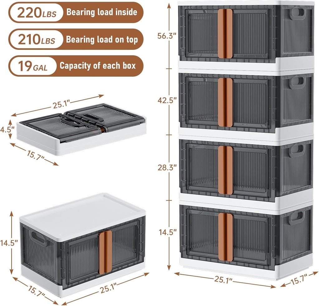 LCG 4-Tier Foldable Plastic Storage Bins with Lids and Doors, 76 Gallon (19 Gal x 4pack), Stackable Organizer Drawer (Extra Large)