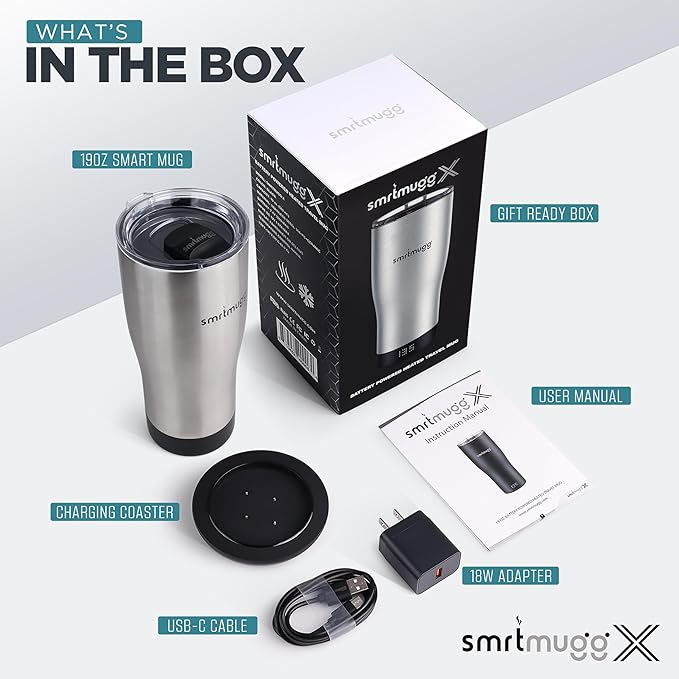 X Heated Coffee Mug 19 oz., 8 Hour Battery Life, Self-Heating, Adjustable Temp