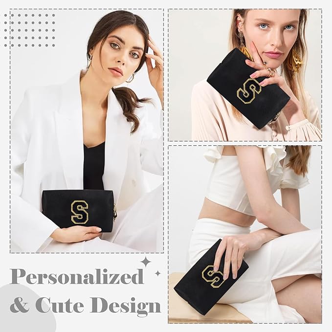 Personalized Initial A-Z Preppy Patch Makeup Bag,Small PU Chenille Letter Cosmetic Bag with Zipper for Teen Girls,Black Cute Toiletry Organizer Bag,Monogram Makeup Case Gift for Women Girls,Letter S