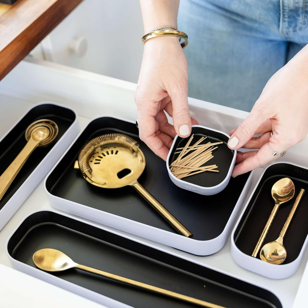 Three by Three Seattle 5 Piece Metal Organizer Tray Set for Storing Makeup, Stationery, Utensils, and More in Office Desk, Kitchen and Bathroom Drawers (1 Inch, Black)