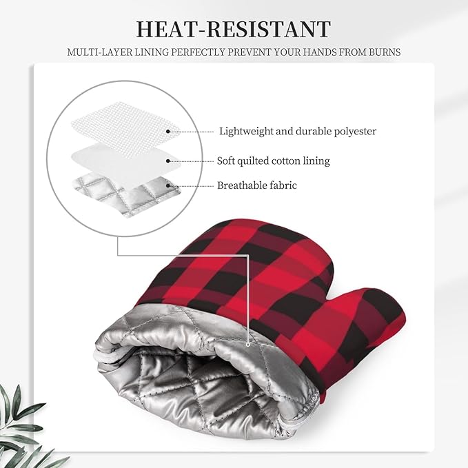 Buffalo Check Plaid Red and Black Oven Mitts and Pot Holders Set, 4pcs Farmhouse Checkered Plaids Silicone Oven Glove for Kitchen Heat Resistant Oven Mitts and Potholders Non-Slip for BBQ