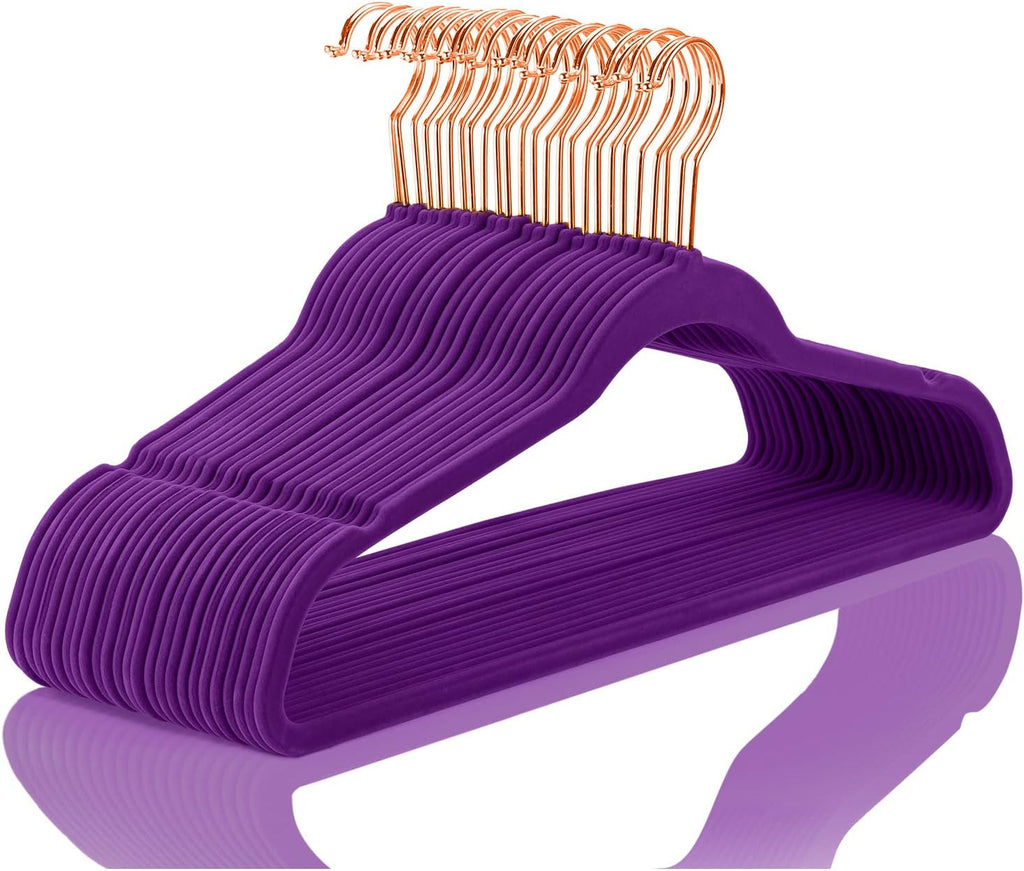 MIZGI Premium Velvet Hangers (50 Pack) Heavy Duty - Non Slip Felt Hanger - Velvet Suit Hangers Dark Purple - Rose Gold Hooks,Space Saving Clothes Hanger