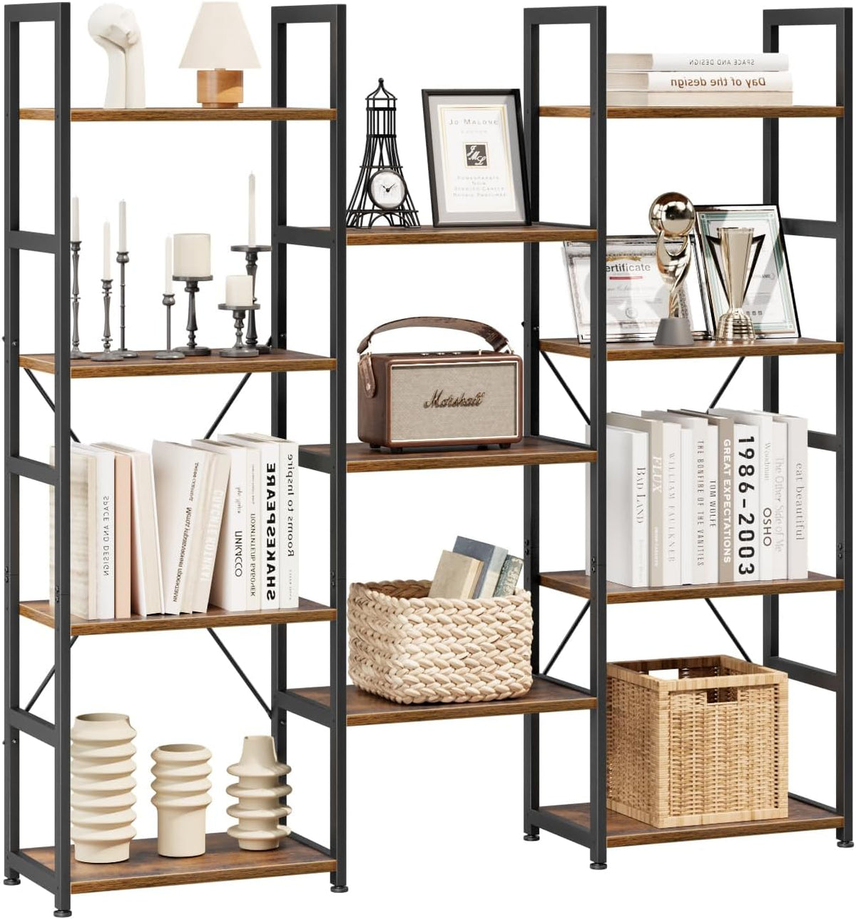 NUMENN Triple Column 4 Tier Bookshelf, Bookcase with 11 Open Display Shelves, Adjustable Rustic Industrial Style Book Shelves, Modern Bookshelves for Bedroom, Living Room and Home Office, Vintage