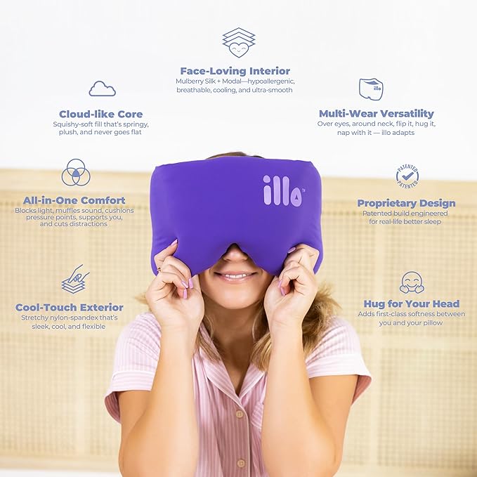 illo Wearable Pillow Sleep Mask | Soft Mulberry Silk Blackout Sleeping & Napping Eye Mask | Best for Home Bed, Work, Camping, Airplane, Side Sleeper | Reversible as Travel Neck Pillow | Women & Men