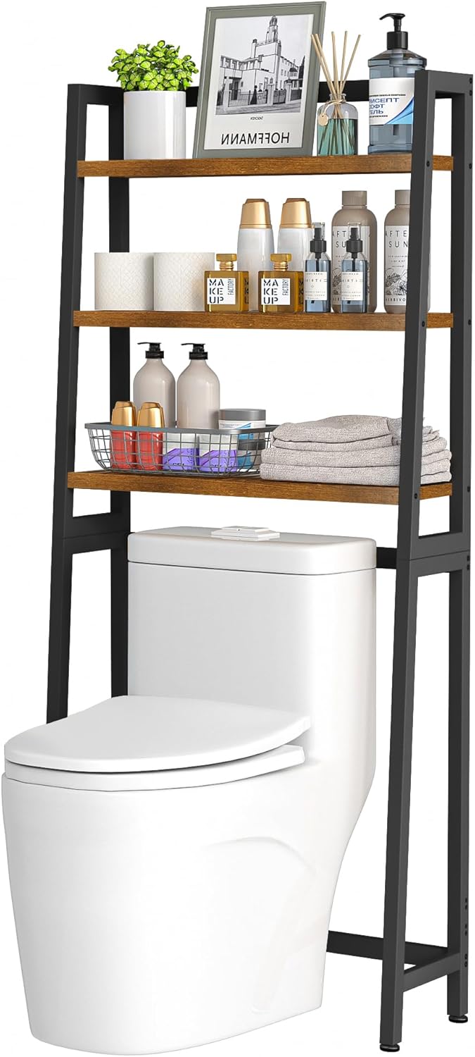 VASMIA Over The Toilet Storage Shelf,3-Tier Bathroom Organizer Over Toilet Storage Cabinet,Freestanding Space Saver with 3 Hooks Black and Rustic Brown