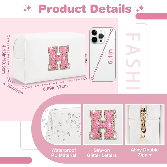 Small Initial Patch Makeup Bag Personalized Gifts Make Up Bag,White Cute PU Leather Glitter Letter Cosmetic Bag with Zipper,Trendy Portable Travel Toiletry Pouch,Preppy Stuff for Teen Girls Women H