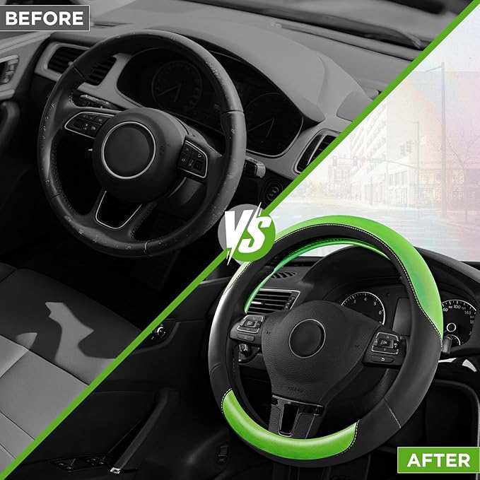 Road Comforts Steering Wheel Cover – Breathable Leather Steering Wheel Cover, Anti-Slip Grip, Universal Fit 14.5” to 15”, Heat & Cold Resistant for Cars, SUVs, and Trucks – Black & Shining Green