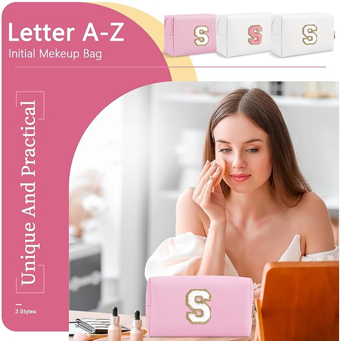 Personalized Initial A-Z Preppy Patch Makeup Bag,Small PU Chenille Letter Cosmetic Bag with Zipper for Teen Girls,Pink Cute Toiletry Organizer Bag,Monogram Makeup Case Gift for Women Girls,Letter S