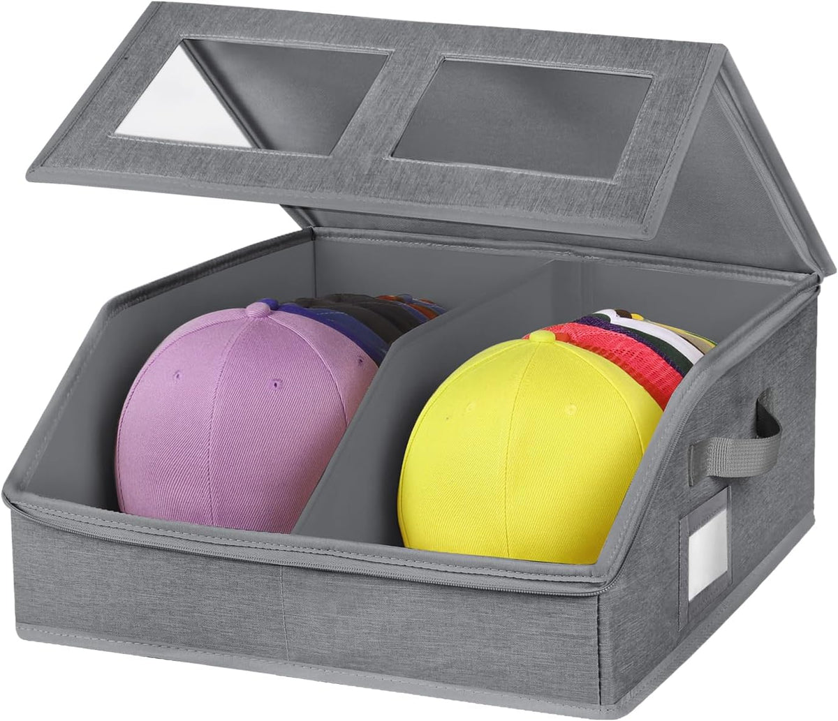 Hat Storage for Baseball Caps-Holds Up to 24 Caps, Hat Organizer for Closet Stackable Hat Box with Cardboard, Dustproof Baseball Cap Organizer with 2 Handles for Home Travel (Grey, 1 Pack)