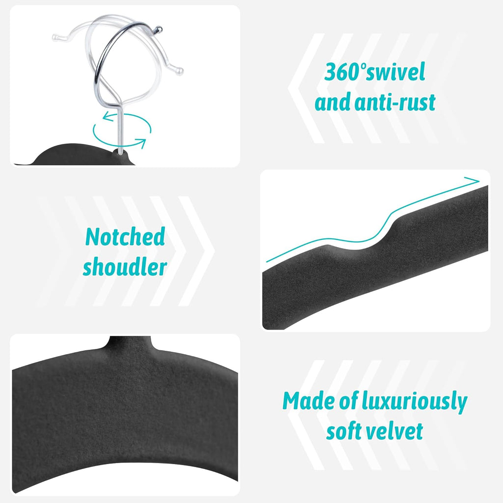 Premium Velvet Hangers 50 Pack - Space-Saving Closet Organizer for Clothes, Non-Slip Flocked Design, Ideal for Shirts and Coats (Black)