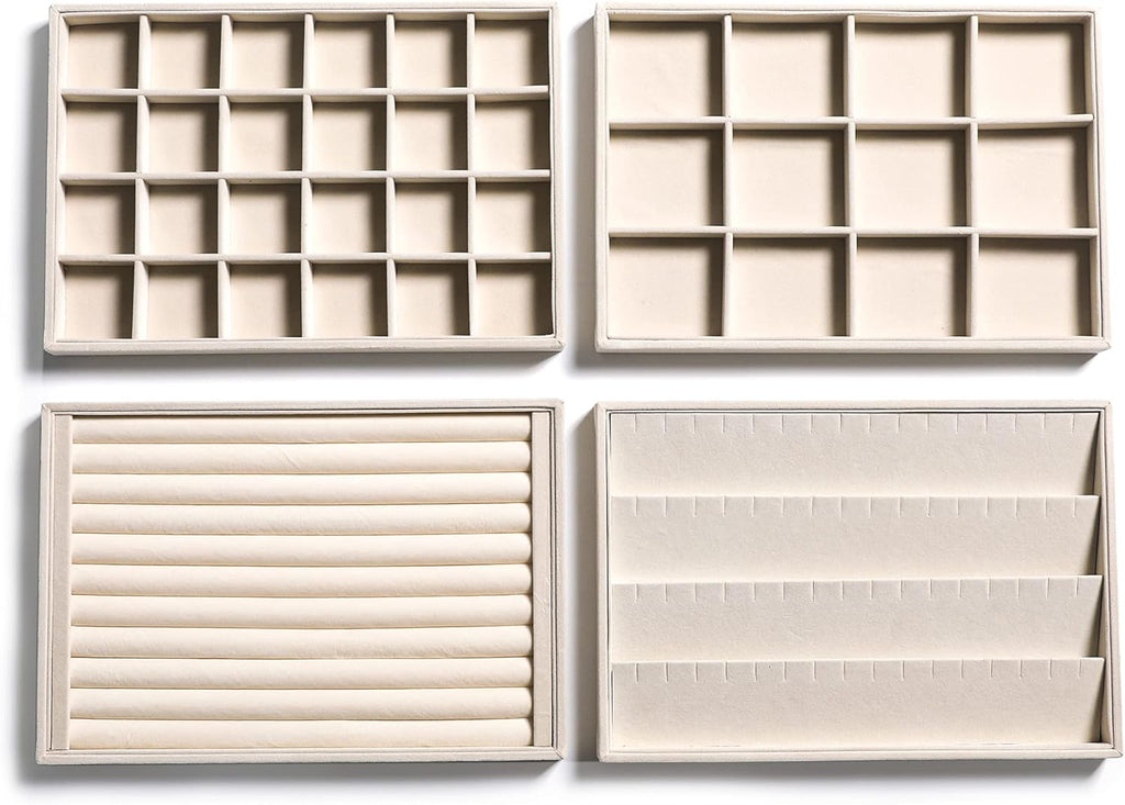 Frebeauty Stackable Velvet Jewelry Organizer Trays for Drawers Inserts Jewelry Storage Tray Display Case Earrings Bracelets Necklace Rings Accessories Trays for Women Girls(Set of 4)（Beige