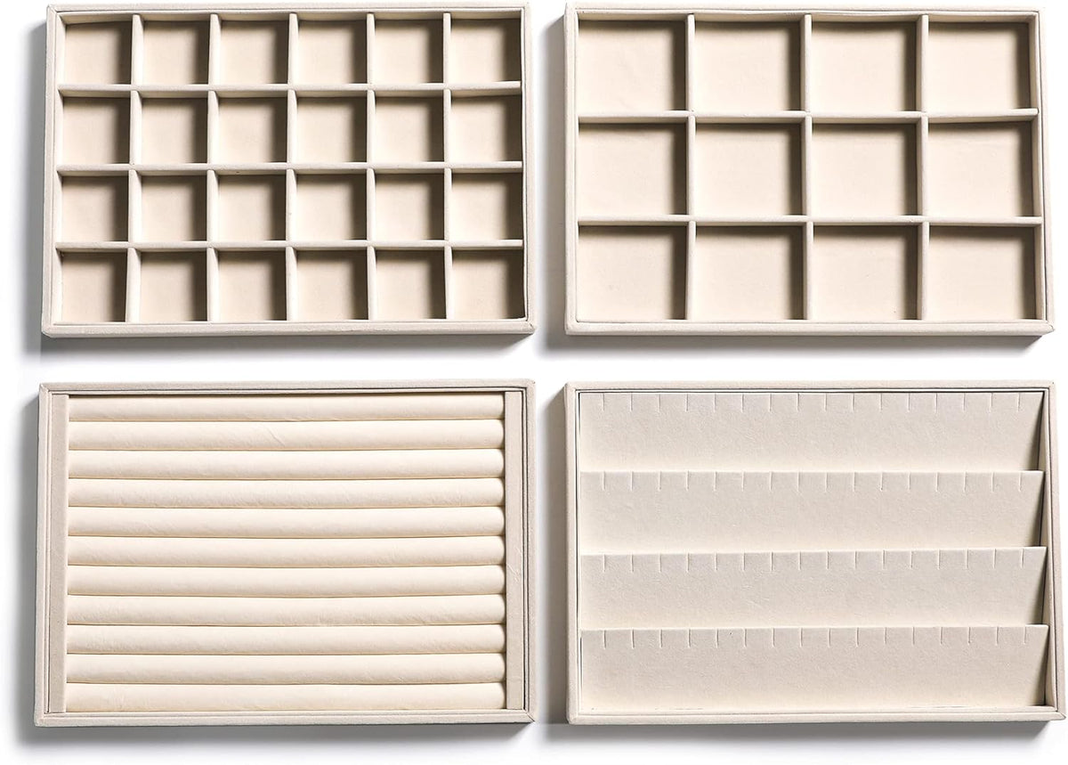 Frebeauty Stackable Velvet Jewelry Organizer Trays for Drawers Inserts Jewelry Storage Tray Display Case Earrings Bracelets Necklace Rings Accessories Trays for Women Girls(Set of 4)（Beige