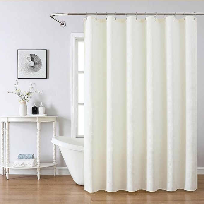 meioro Ivory Shower Curtain, Waffle Weave 256GSM Heavy Duty Textured Fabric Shower Curtains for Bathroom Hotel Spa, Luxury Weighted Polyester Cloth Bath Curtain Set with 12 Hooks, 72Wx96H