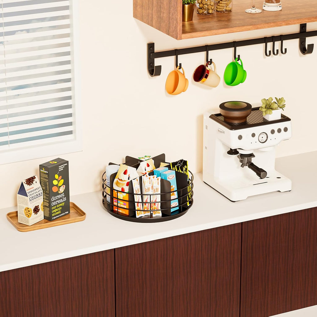 Snack Organizer - Versatile Snack Storage, Lazy Susan with Convenient Grab-and-Go Design, Metal Snack Holder for Home, Office, Breakroom, 10.85" L x 10.85" W x 5" H (Matte Black)