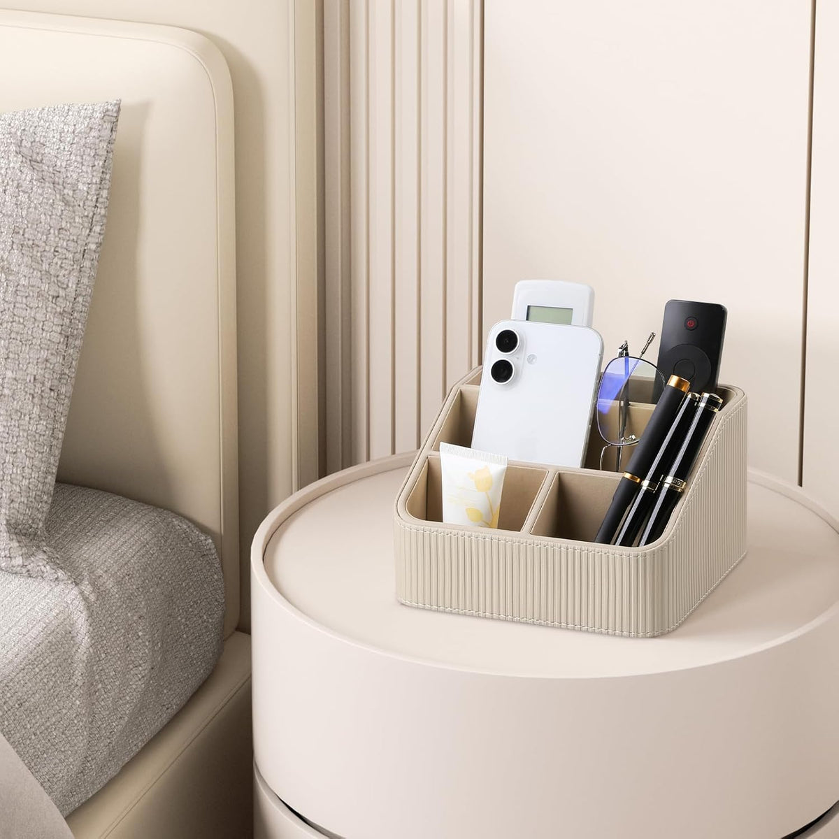 Remote Control Holder with 4 Compartments, PU Leather Small Nightstand Organizer for Home Desk Accessories Office Supplies, Multifunctional Stylish Small Bedside Desktop Organizers (Beige)