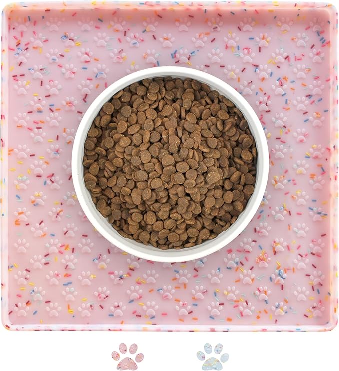 Ptlom Dog Food Mat Anti-Slip Dog Bowl Mats for Food and Water, Waterproof Pet Placemat Prevents Messy Spill to Floor, Silicone Puppy Feeding Tray for Small, Medium and Large Dogs Cats, Pink