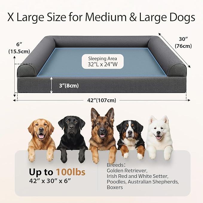 Sytopia 42in Chew Proof Dog Beds for Large Sized Dogs, Waterproof Egg Crate Foam XL Orthopedic Pet Bed with Removable Washable Cover, Non-Slip Bottom, Supports up to 100 lbs for Senior Pet, Dark Gray
