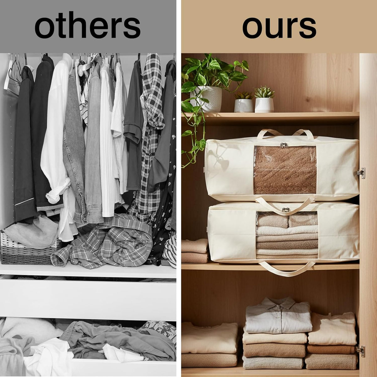 YGEOMER 4 Pack Canvas Clothes Storage Bags with Zipper Foldable Closet Organizers Storage Containers with Reinforced Handle for Dorm Storage Organizing, Bedroom, Closet,Blanket, Clothing, Comforters