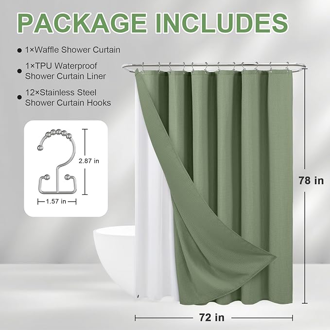 ROLIZOE 3-in-1 Waffle Texture Shower Curtain Set with TPU-Coated Waterproof Liner and 12 Upgraded Double-Sided Hooks, Well-Matched Sizes for a Seamless Fit – Green, 72" x 78"