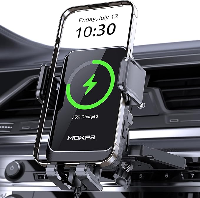 Wireless Car Charger, MOKPR 15W Fast Charging Auto Clamping CD Slot Air Vent Car Phone Holder with LED Light Car Charger for iPhone 16/15/14/13/12 Pro Max Plus, Samsung S23/S22/S21,etc