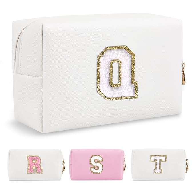 Small Personalized Initial A-Z Preppy Patch Makeup Bag,White PU Chenille Letter Travel Cosmetic Pouch with Zipper,Cute Toiletry Bag,Gift Ideal for Teen Girls Women Teacher Bridesmaid,Letter Q