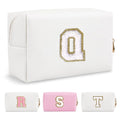 Small Personalized Initial A-Z Preppy Patch Makeup Bag,White PU Chenille Letter Travel Cosmetic Pouch with Zipper,Cute Toiletry Bag,Gift Ideal for Teen Girls Women Teacher Bridesmaid,Letter Q
