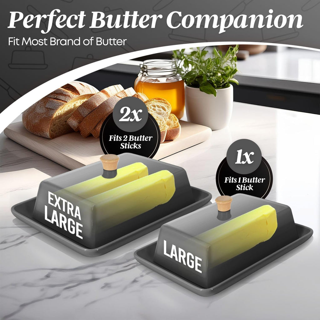 Flexzion Ceramic Gray European Butter Dish with Lid for Countertop (8 Inch) - Wide 2 Stick Double Butter Holder for Counter, Cream Cheese Container Storage Keeper