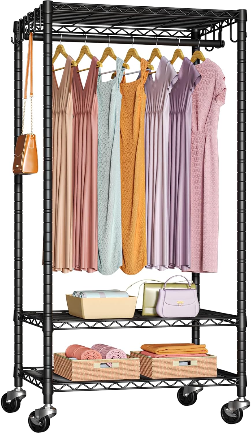 FUTASSI P6 Medium Rolling Clothes Rack Heavy Duty, Clothing Racks for Hanging Clothes, Freestanding Garment Rack with Wheels, Portable Closet Rack Max Load 370 LBS, 30''W x 14''D x 77.6''H, Black