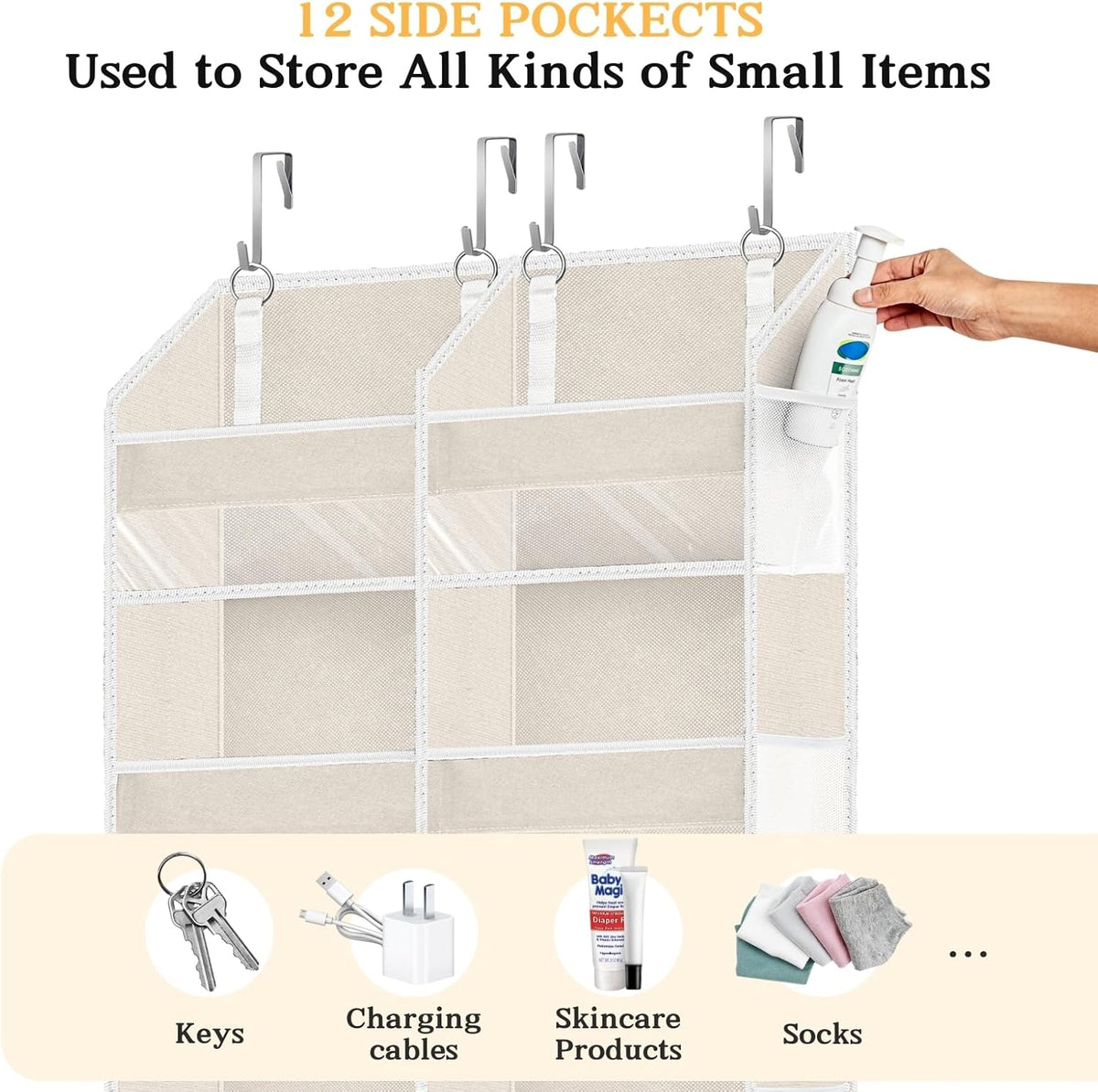 2 Pack Over The Door Organizer 6 Tiers, Extra Large Behind Door Storage of 12 Compartments, 80 lbs Weight Capacity Hanging Storage Organizer with Clear Window Kids Toys,Shoes (6 Tiers - Beige)