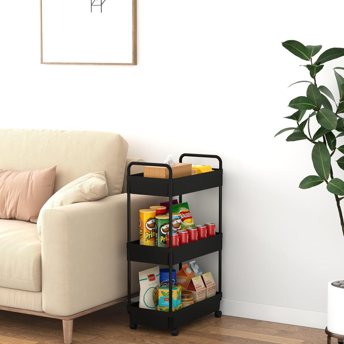 3-Tier Storage Cart，Shelf Organizer Mobile Shelving ，Utility Rolling Cart，Multifunction Movable Storage Organizer with Lockable Wheels,Black