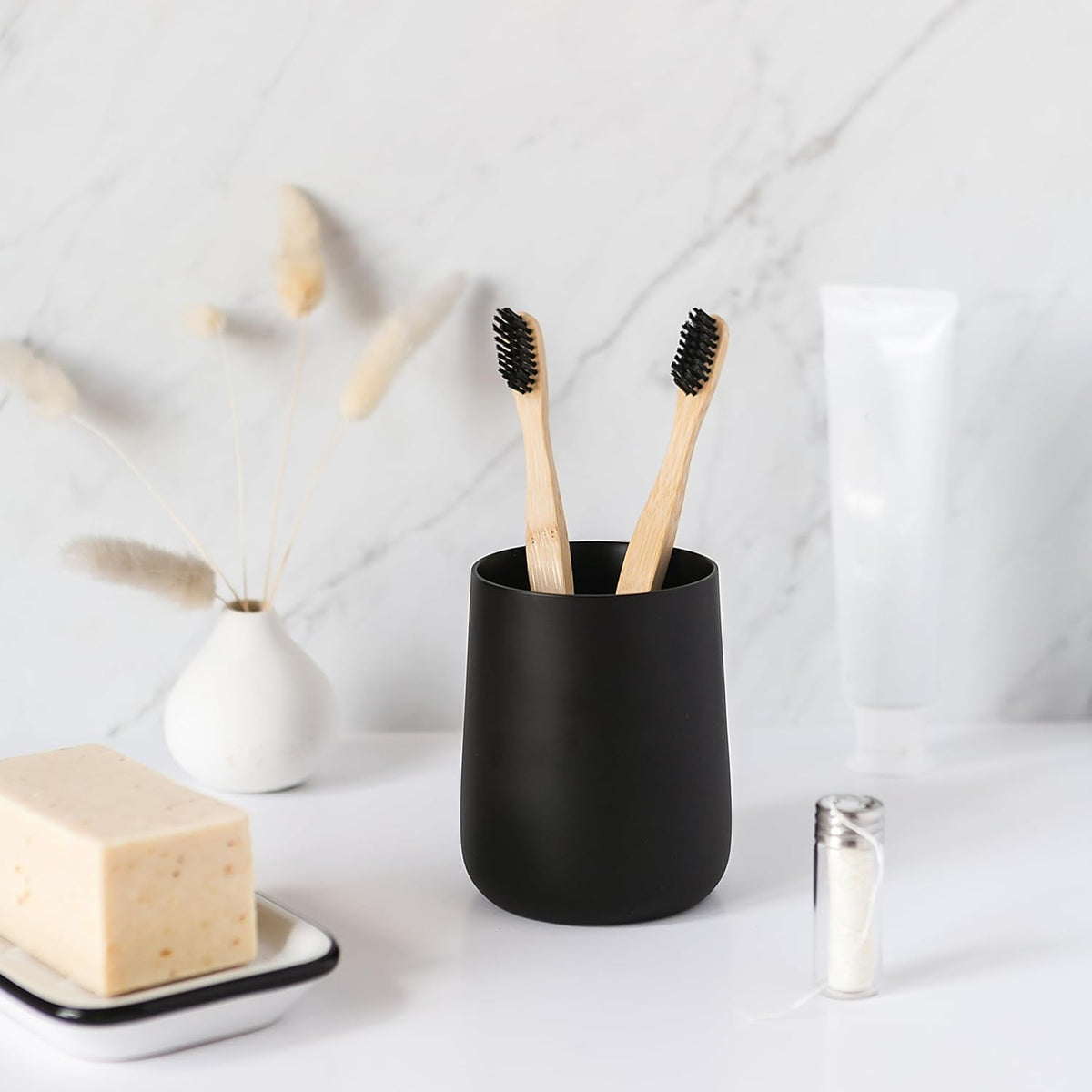 Matte Black Toothbrush and Toothpaste Holder and Cup for Bathroom Vanity and Countertop, Round Organizer for Electric Toothbrushes, Floss, Razors, Cotton, and Mouthwash