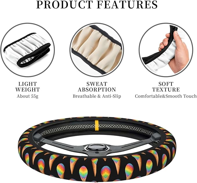 Neoprene Steering Wheel Cover Colorful Icecreams Print Car Steering Wheel Cover Universal Fit for Most Cars