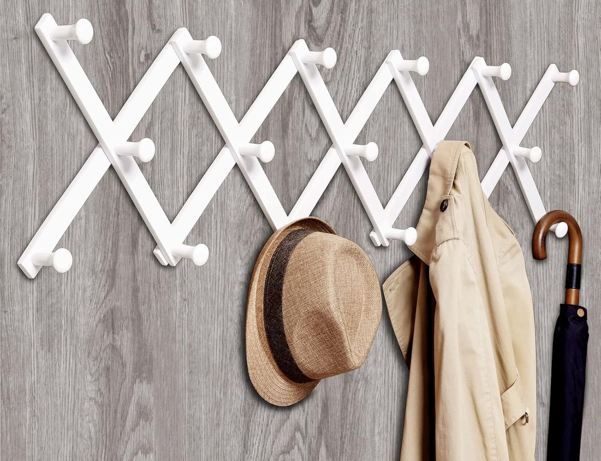 Amber Home Wood Accordion Wall Rack 17 Hooks (Pegs), Expandable Wall Mounted Hanger for Coat, Hat, Scarf, Coffee Mugs, X Shape Coat Hooks (White Color)