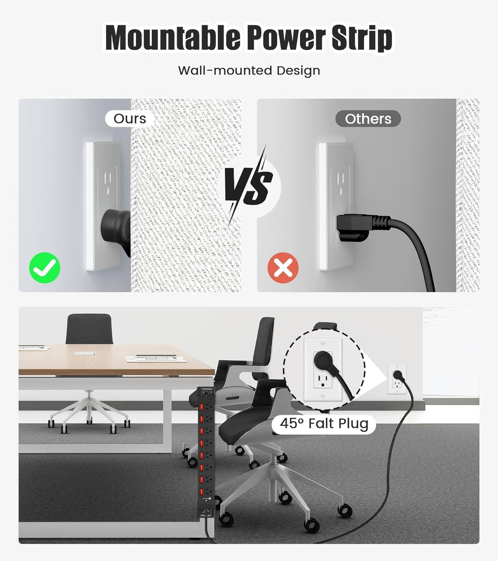 Heavy Duty Power Strip with Individual Switches,8 Outlets 14 Gauge Industrial Shop Garage Metal Multiple Outlets,1200J Surge Protector Mountable Power Strip,6FT Extension Cord Management(Black)
