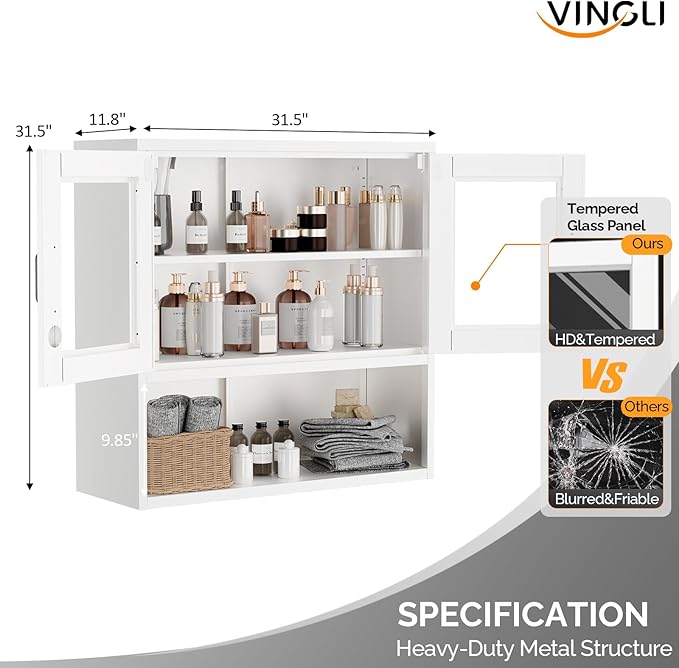 VINGLI Metal Wall Cabinet with Locking Glass Doors, Adjustable Shelf, Wall
