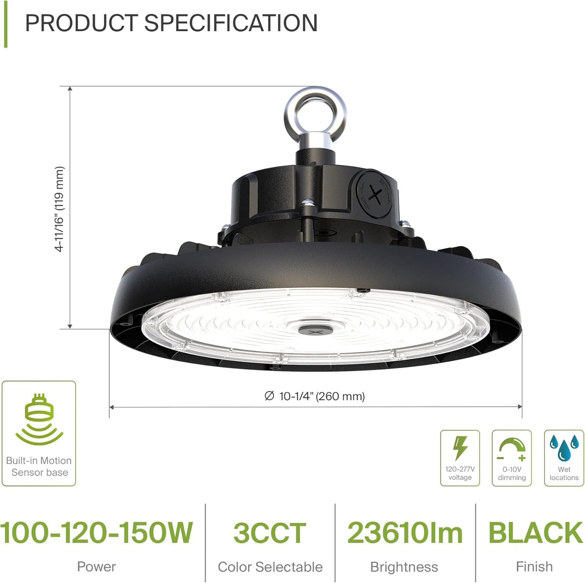 ASD LED High Bay UFO Light Fixture, Commercial Shop Lighting | 3CCT, Dimmable, IP69K Waterproof, DLC Premium, UL Listed | 150W 23600LM 3000-5000K 100-277V | Warehouse, Garage, Workshop Lamp | Black