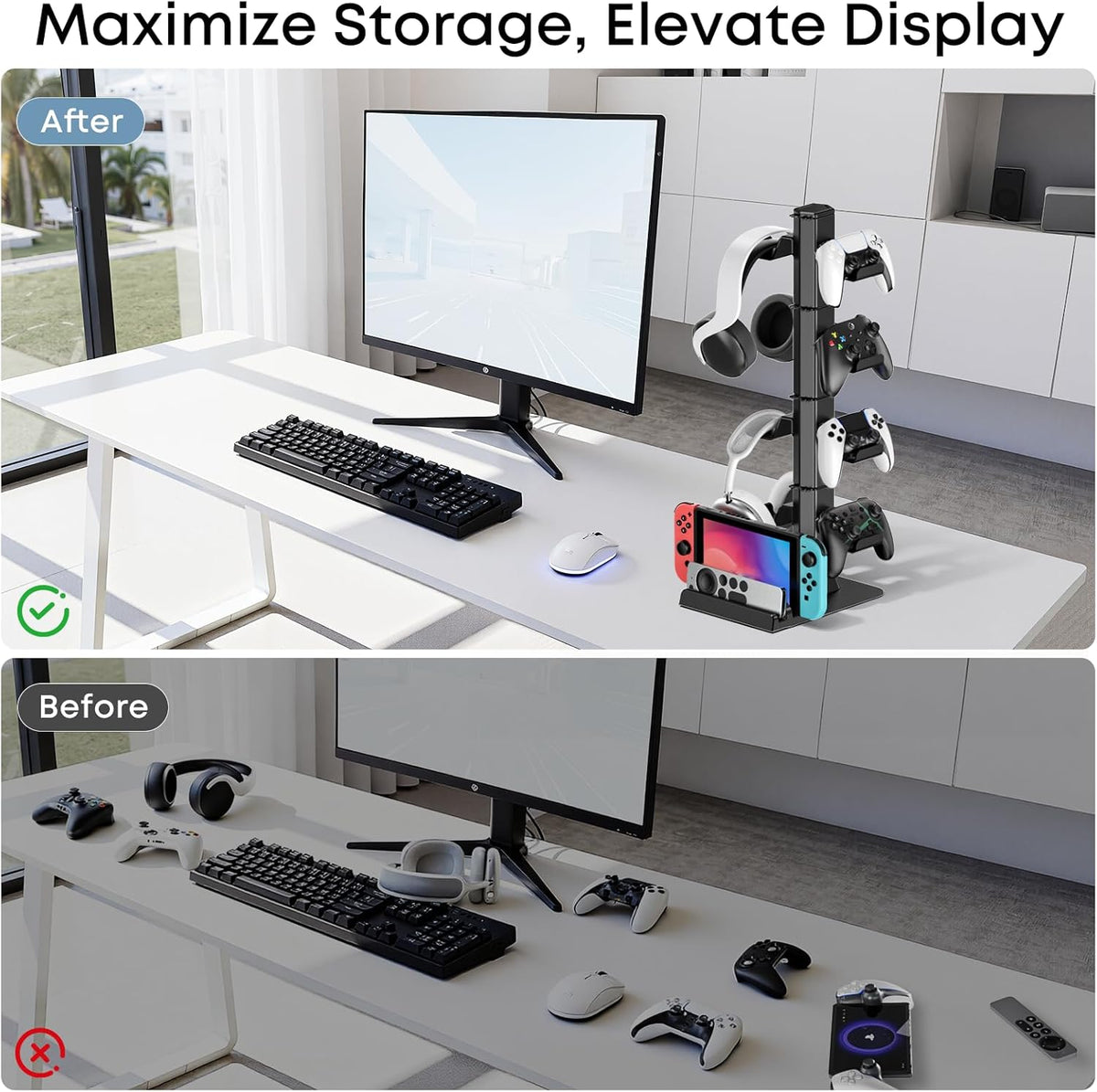 Headphone and Game Controller Desk Stand for PS5/ Xbox/ PS4 Controller, 4 Tiers Headset Hanger with Organizer for Switch 2/1/PS Portal Game Console, Multiple Controller Storage Dispay Rack- 8 Hooks