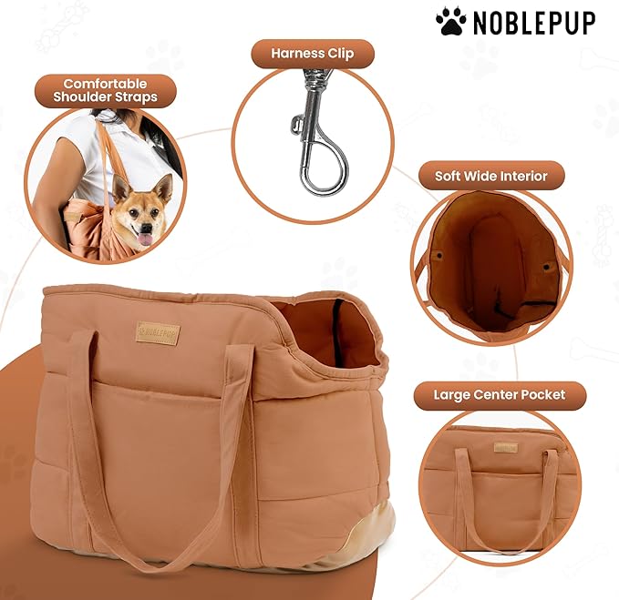 NoblePup Plush Dog Purse Carrier for Small Dogs, Soft Dog Tote Bag with Safety Harness Clip, Cozy Pet Carrier for Dogs Under 15 lbs, Comfortable Dog Shoulder Carrier for Travel, Brown
