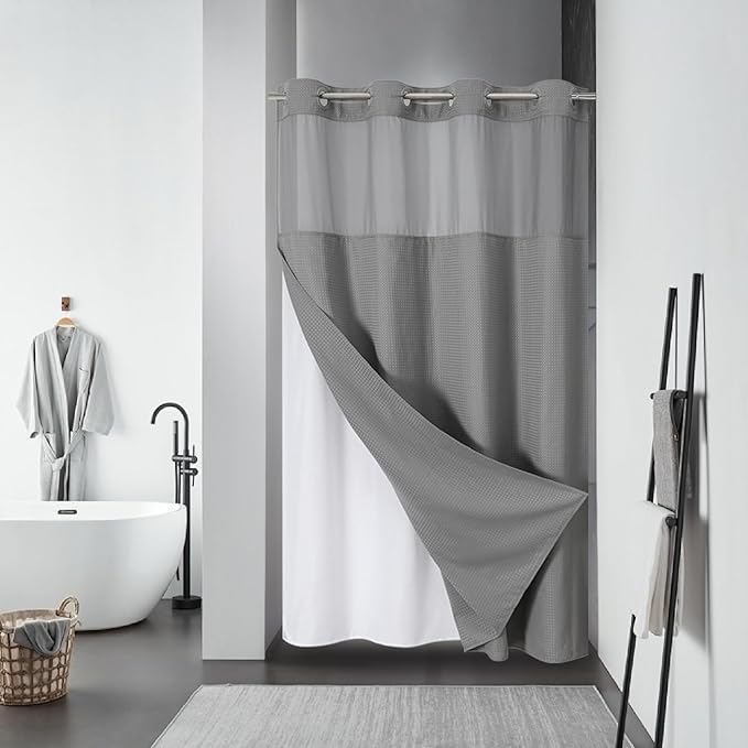 eachope Grey No Hook Waffle Weave Shower Curtain with snap-in Liner Replacement, 230GSM Waterproof Fabric Hotel Shower Curtain Set for Bathroom, Through Mesh Top Window,48Wx74H